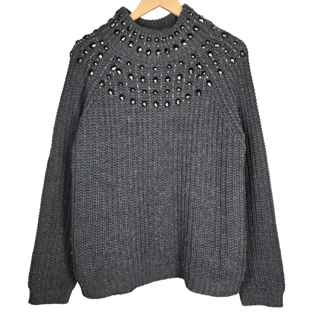 Cliche Women XL Gray Beaded Embellished Mock Neck Wool Blend Chunky Knit Sweater